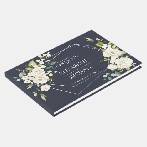 Silver Geometric Navy Blue White Floral  Wedding Guest Book