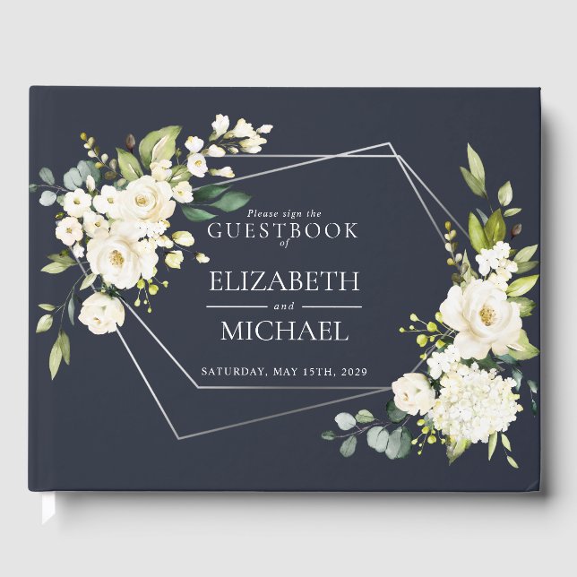 Silver Geometric Navy Blue White Floral  Wedding Guest Book (Front)