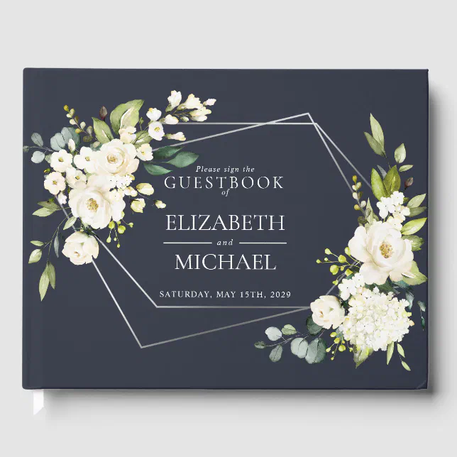Silver Geometric Navy Blue White Floral Wedding Guest Book | Zazzle