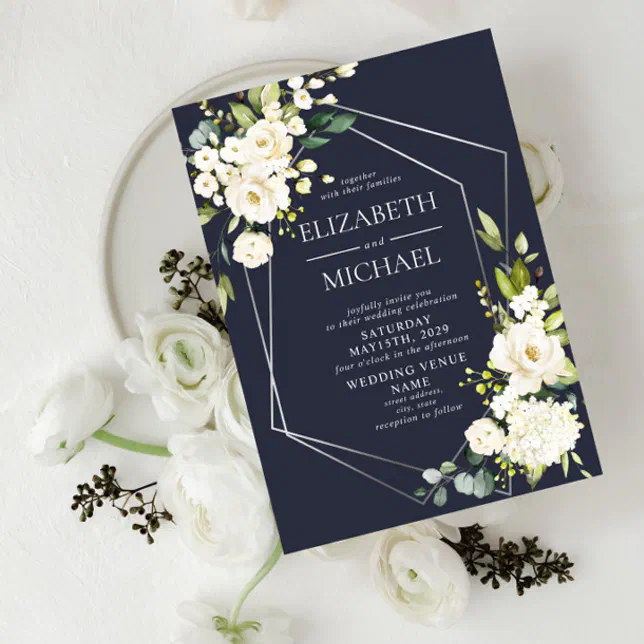 Silver Geometric Navy Blue White Floral Wedding Invitation | Zazzle