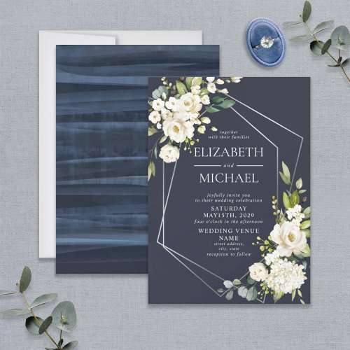 Silver Geometric Navy Blue White Floral  Wedding Invitation