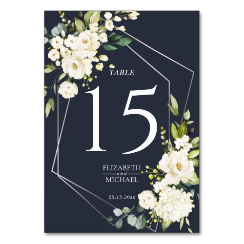 Silver Geometric Navy Blue White Floral  Wedding Table Number