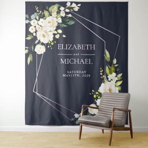 Silver Geometric Navy Blue White Floral  Wedding Tapestry