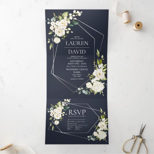 Silver Geometric Navy Blue White Floral  Wedding Tri_Fold Invitation