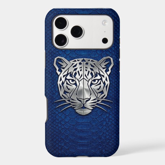 Silver Geometric Tiger Blue Snakeskin iPhone 17 Pr Case (Back)