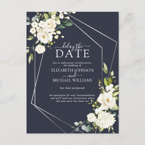 Silver Geometric White Navy Blue Delay The Date Announcement Postcard