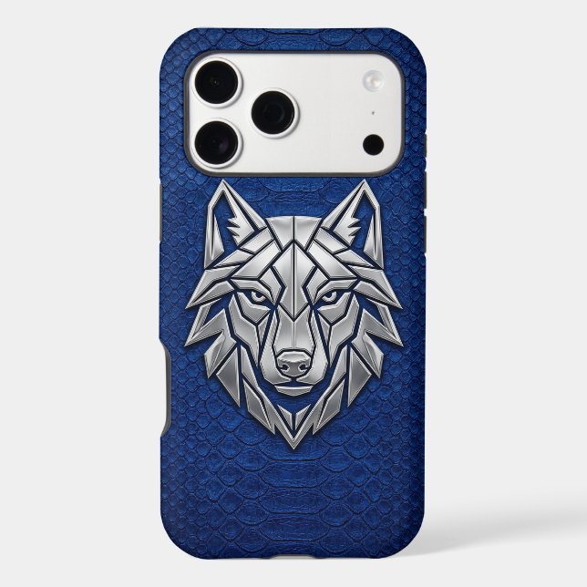 Silver Geometric Wolf Blue Snakeskin iPhone Case (Back)