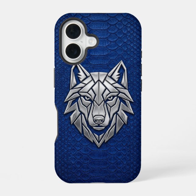 Silver Geometric Wolf Blue Snakeskin iPhone Case (Back)