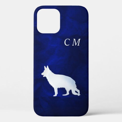 Silver German Shepherd Dog Royal Blue Monogram iPhone 12 Case