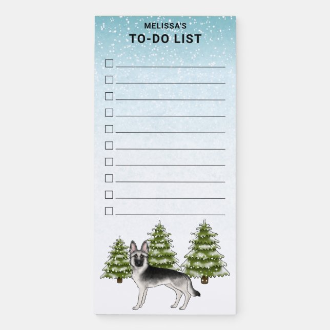 Silver German Shepherd Winter Forest To Do List Magnetic Notepad (Front)
