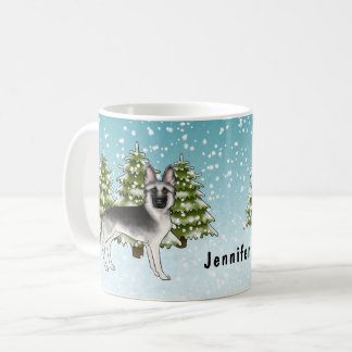 Silver German Shepherd Winter Forest With Name Coffee Mug