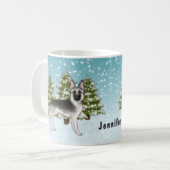 Silver German Shepherd Winter Forest With Name Coffee Mug (Front Left)