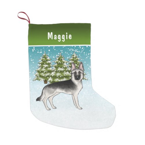 Silver German Shepherd Winter Forest With Name Small Christmas Stocking