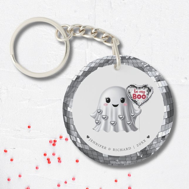 Silver Ghost Valentine's Pattern Keychain (Personalized Silver Disco Heart Valentine's Day Keychain)