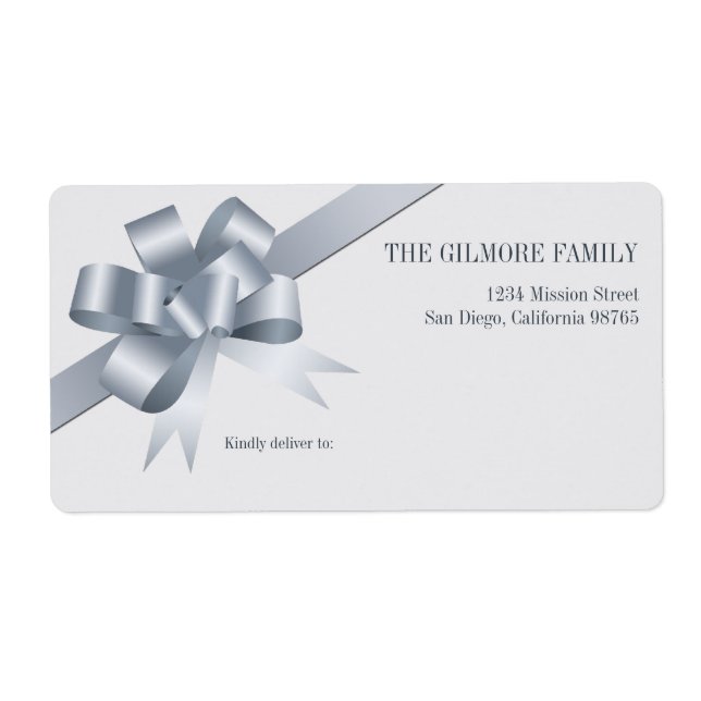 Silver gift bow ribbon holiday shipping address label (Front)