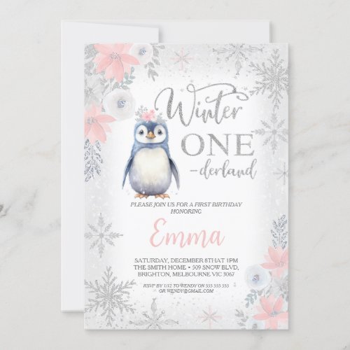 Silver Girl Penguin Winter Onederland Birthday Invitation