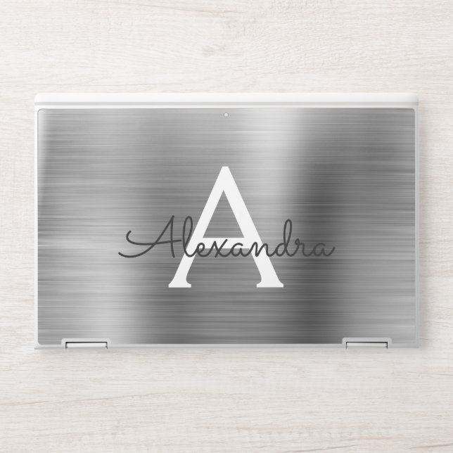Silver Girly Glam Metallic Monogram HP Laptop Skin (Front)