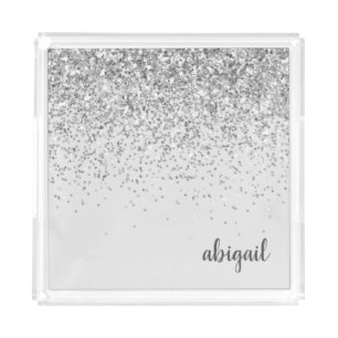 Silver Girly Glitter Sparkle Modern Monogram Name Acrylic Tray