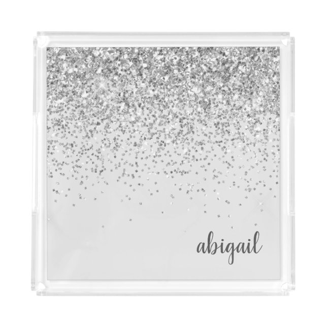Silver Girly Glitter Sparkle Modern Monogram Name Acrylic Tray (Front)