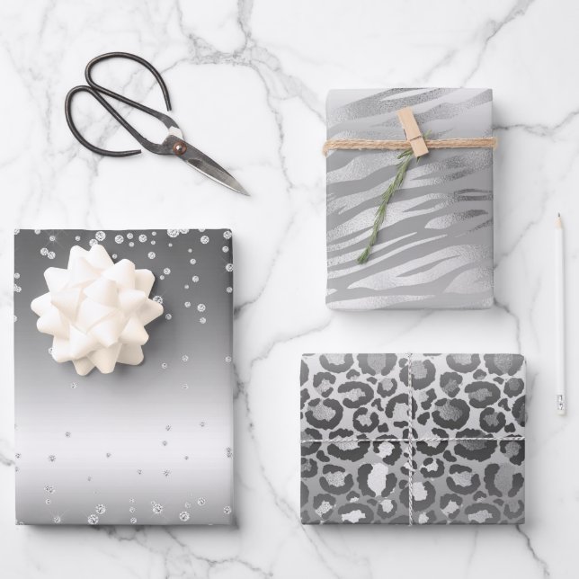 Silver Glam and Animal Print Wrapping Paper Sheets (Front)