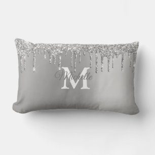 Silver Glam and Glitter Personalized Monogram Lumbar Pillow