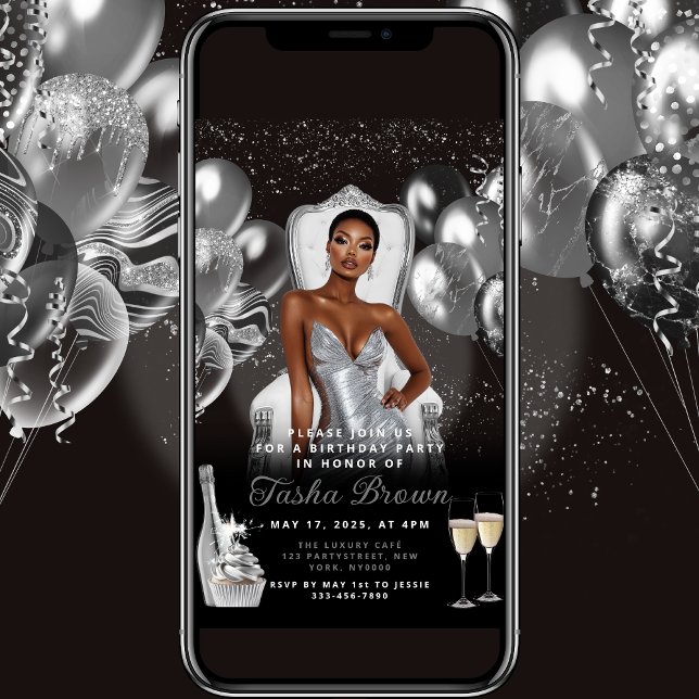 Silver Glam Balloons Royal Birthday Invitation (Creator Uploaded)