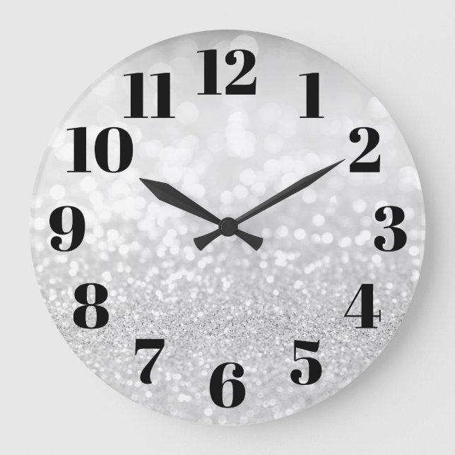 Silver Glam Bokeh Glitter Large Clock (Front)