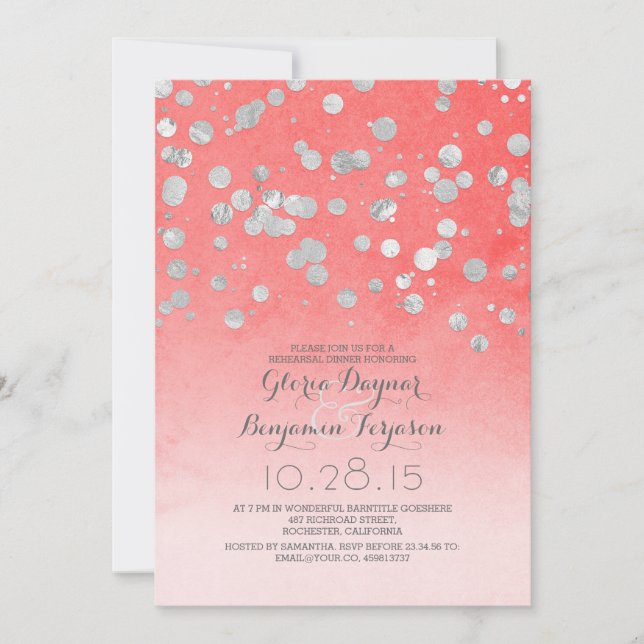 silver glam confetti coral pink rehearsal dinner invitation (Front)