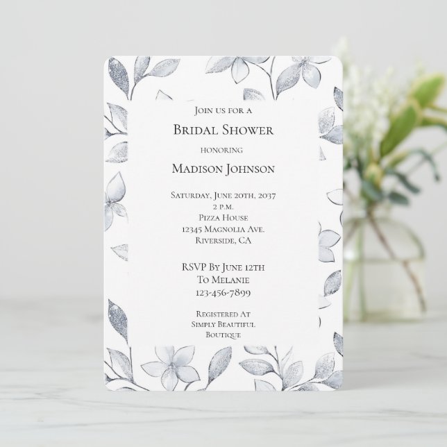 Silver Glam Floral Bridal Shower Invitation (Standing Front)