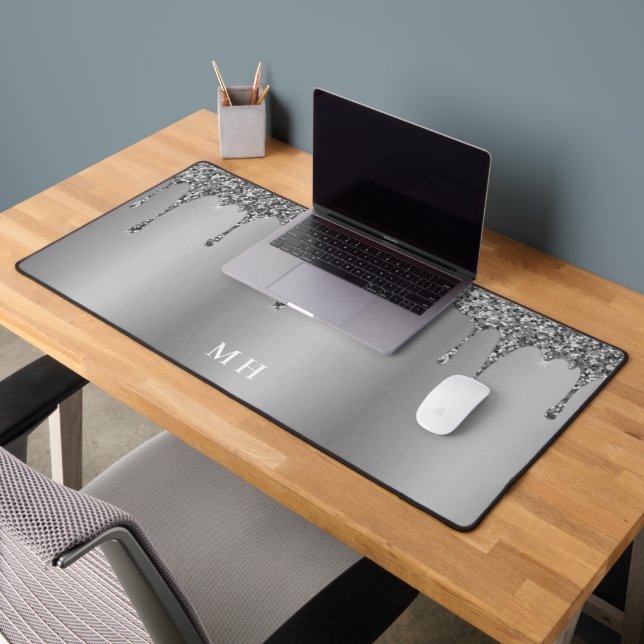 Silver Glam Girly Sparkles Luxury Monogram Desk Mat (Office 2)