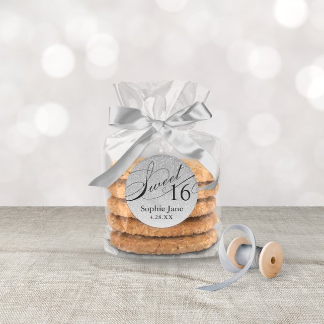 Silver Glam Glitter Sweet 16 Personalized Classic Round Sticker (Creator Uploaded)