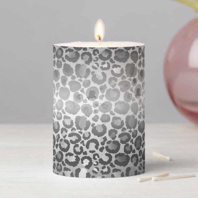 Silver Glam Leopard Animal Print Pillar Candle (In Situ)