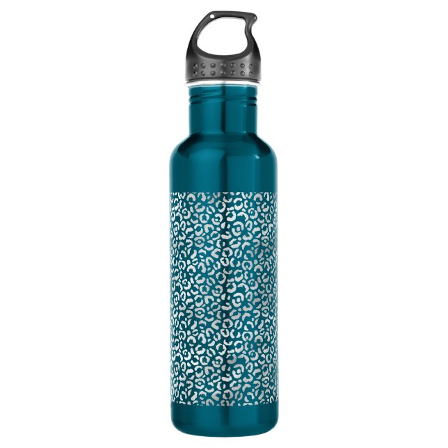 Silver Glam Leopard Print Stainless Steel Water Bottle (Front)
