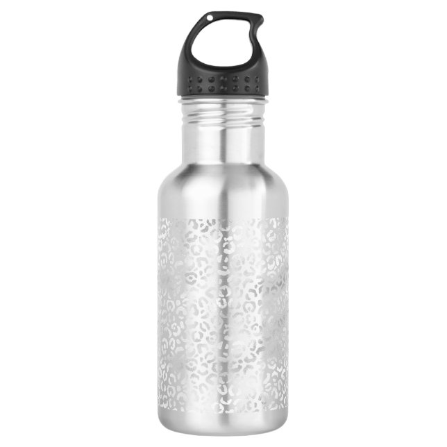 Silver Glam Leopard Print Stainless Steel Water Bottle (Front)