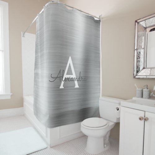 Silver Glam Metallic Modern Monogram Shower Curtain