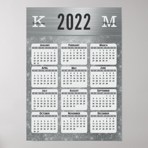 Silver Glam Monogram Name Chic 2022 Wall Calendar Poster
