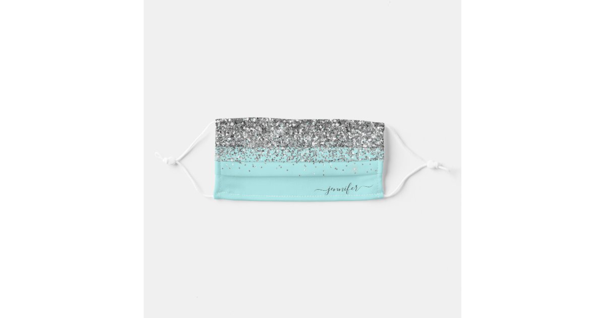 Silver Glam Monogram Teal Blue Glitter & Sparkle Adult Cloth Face Mask ...