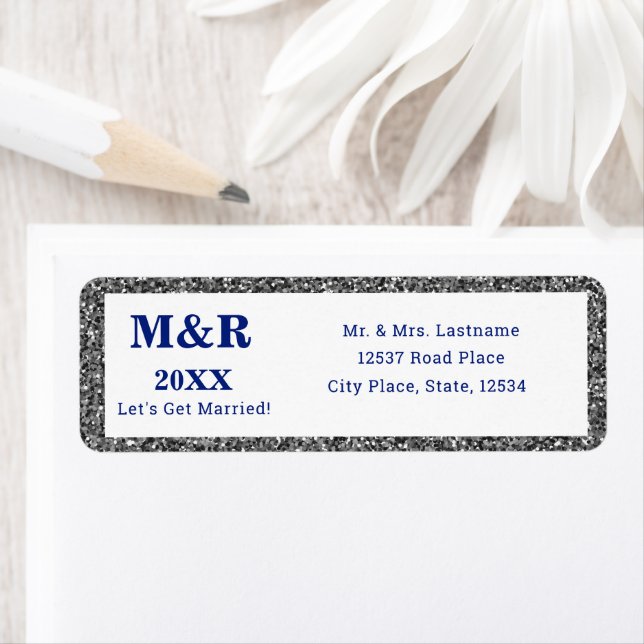 Silver Glam & Royal Blue Wedding Address Label (Insitu)