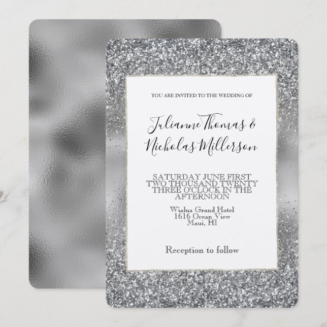 Silver Glam Sparkle Glitz Wedding Invitation (Front/Back)