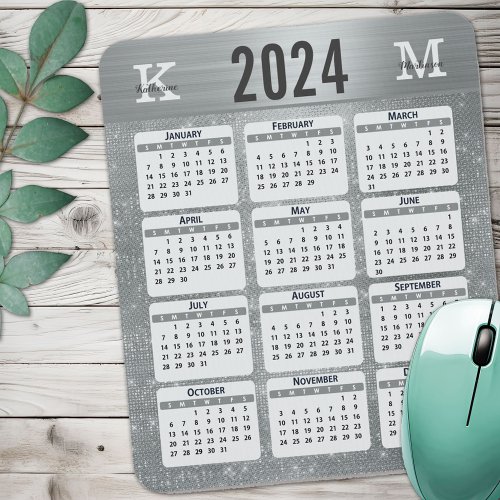Silver Glam Sparkle Monogram Name 2024 Calendar Mouse Pad