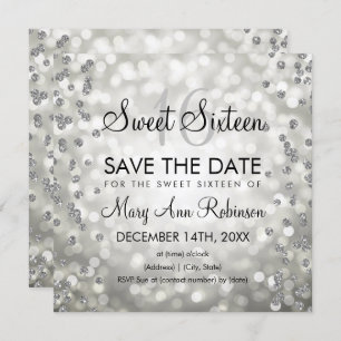 Silver Glam Sweet 16 Sixteen Glitter Lights Invitation