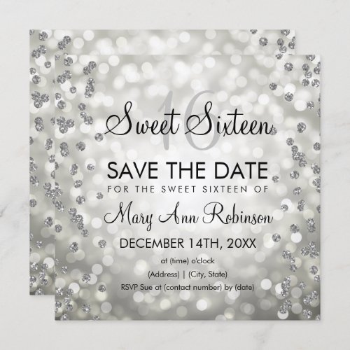 Silver Glam Sweet 16 Sixteen Glitter Lights Invitation