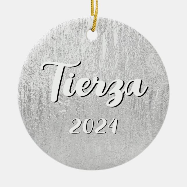 Silver Glam Texture Personalized Ceramic Ornament (Front)