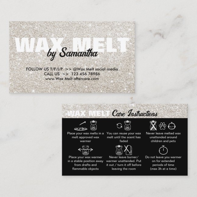 Silver Glam Wax Melt Care Instructions Business Card