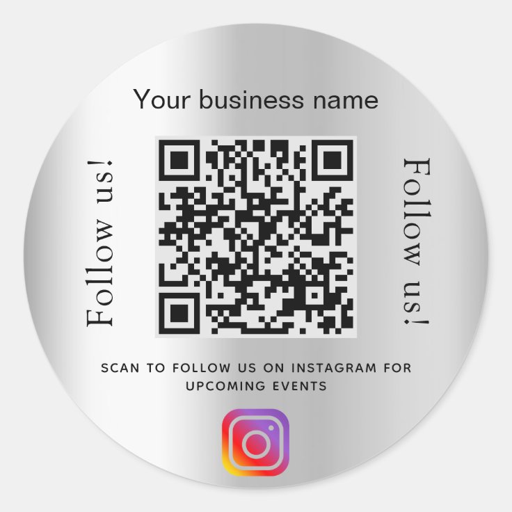 Silver glamorous business qr code instagram classic round sticker Zazzle