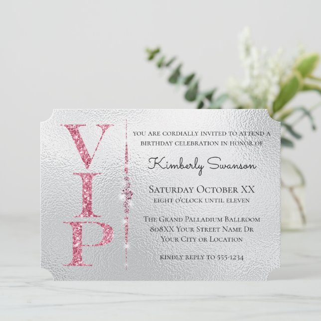 Silver Glamorous Diamonds Pink Glitter VIP Party Invitation (Standing Front)