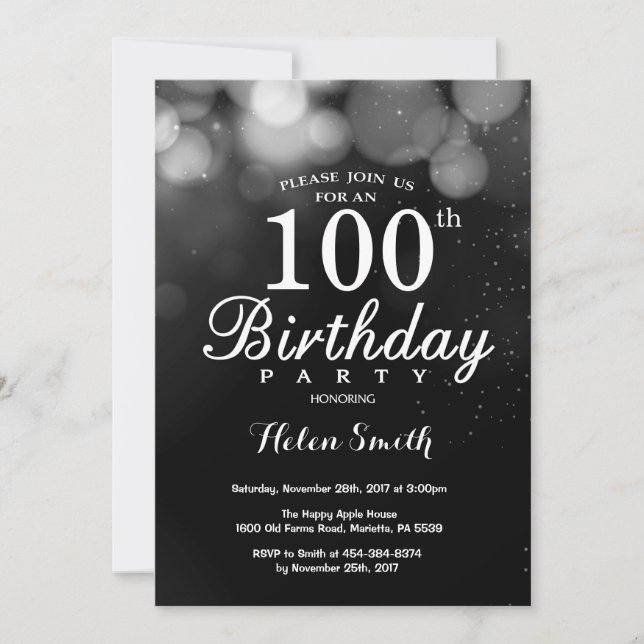 Silver Glitter 100th Birthday Invitation Card (Front)