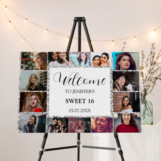 Silver glitter 14 photo collage sweet 16 welcome  foam board (In Situ (Stand))