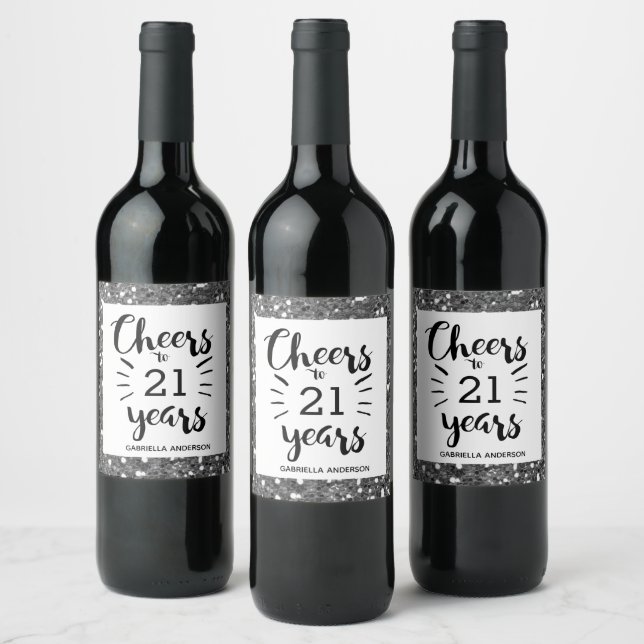 Silver Glitter 21st Birthday - Cheers to 21 Years Wine Label (Bottles)