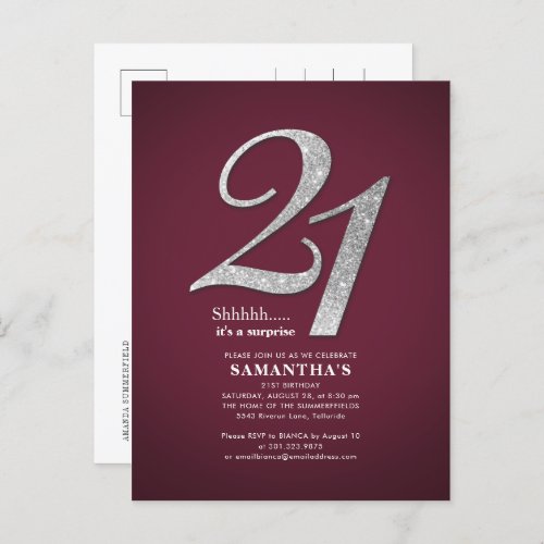 Silver Glitter 21st Birthday Party Burgundy Invitation Postcard